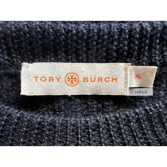 Tory Burch Womens XLarge Merino Wool Textured Knit Sweater Navy Metallic Blue - Picture 3 of 10